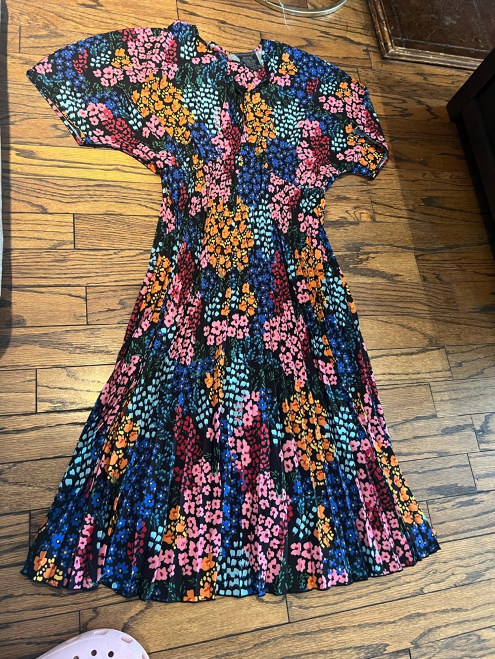 Johnny Was Black Midi Dress with Pink, Orange, Blue and Purple Floral Print